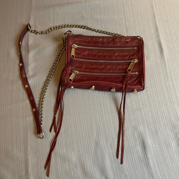 Rebecca Minkoff Cross Body Purse 5 Zip Leather Maroon Studded Gold Chain Handle - Picture 13 of 13